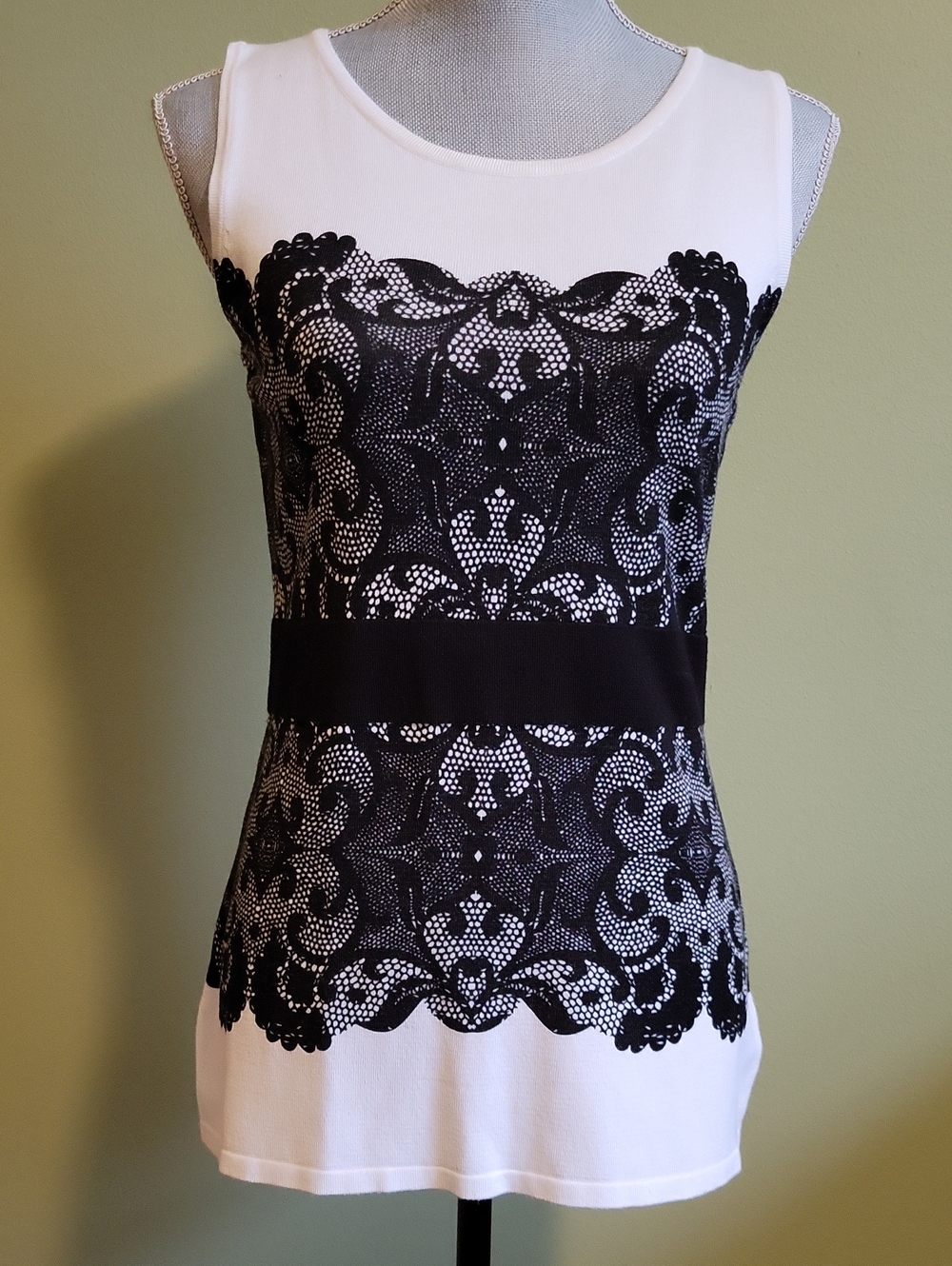 Belldini White Knit Tank Top with Black Lace Detail